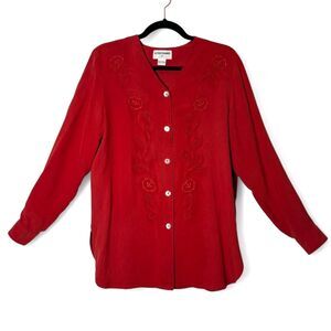 90s VTG 100% Silk Red Embroidered Floral Long Sleeve Button Up Blouse size 8